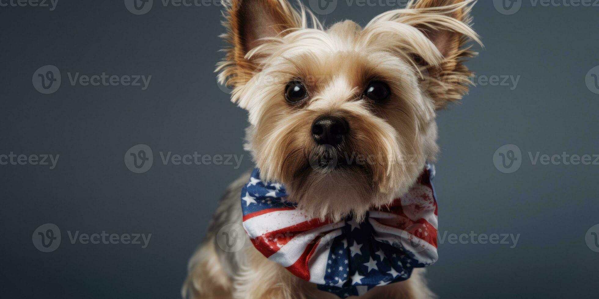 Cute dog dressed in US national colors. July 4th is Independence Day of the United States of America. Generative AI photo