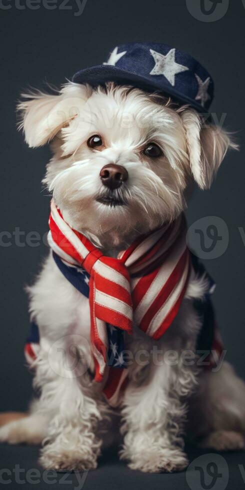 Cute dog dressed in US national colors. July 4th is Independence Day of the United States of America. Generative AI photo