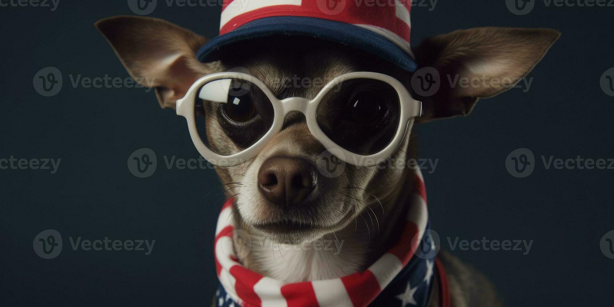 Cute dog dressed in US national colors. July 4th is Independence Day of the United States of America. Generative AI photo