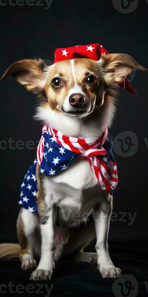Cute dog dressed in US national colors. July 4th is Independence Day of the United States of America. Generative AI photo