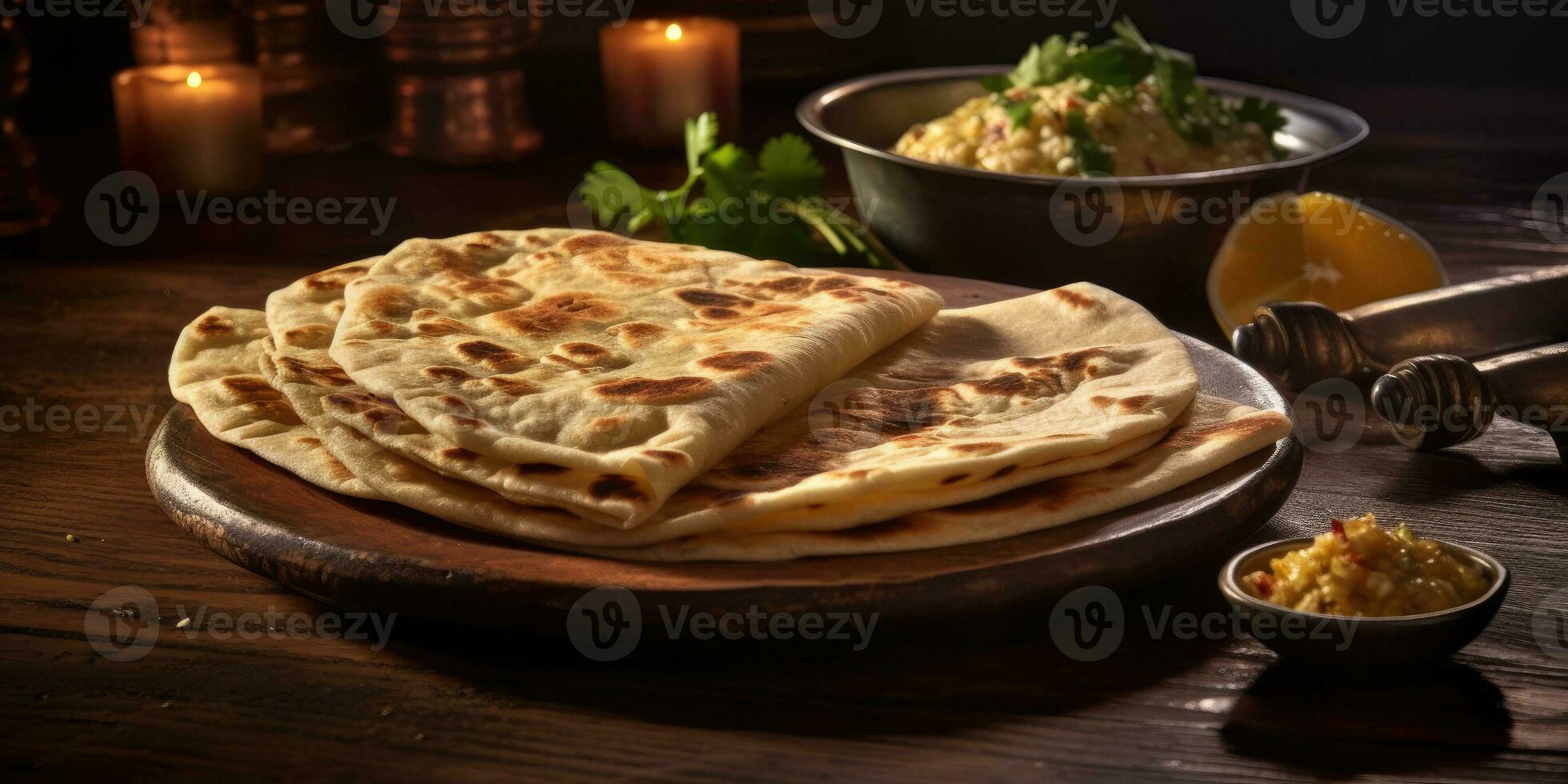 Appetizing Indian Chapati, in a restaurant. Indian national dish. Generative AI photo