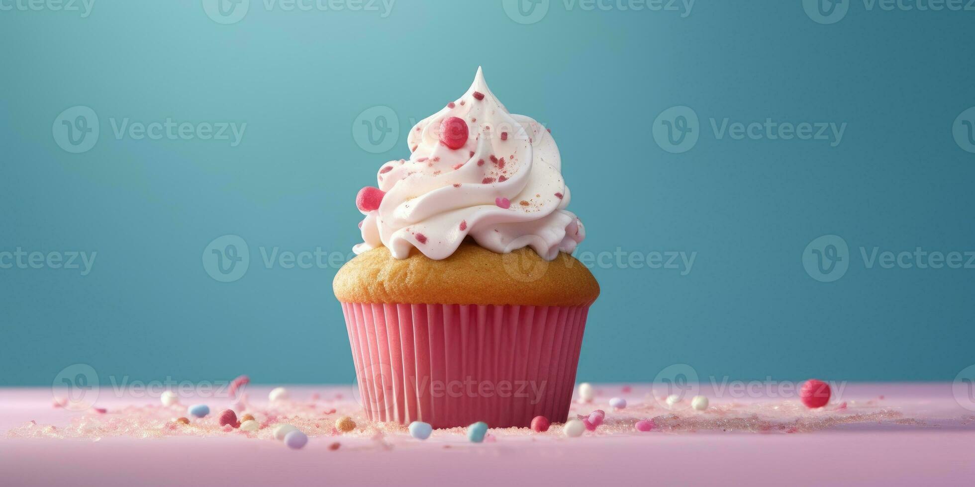 Delicious cupcakes. Appetizing cupcakes on a pastel background. Generative AI photo