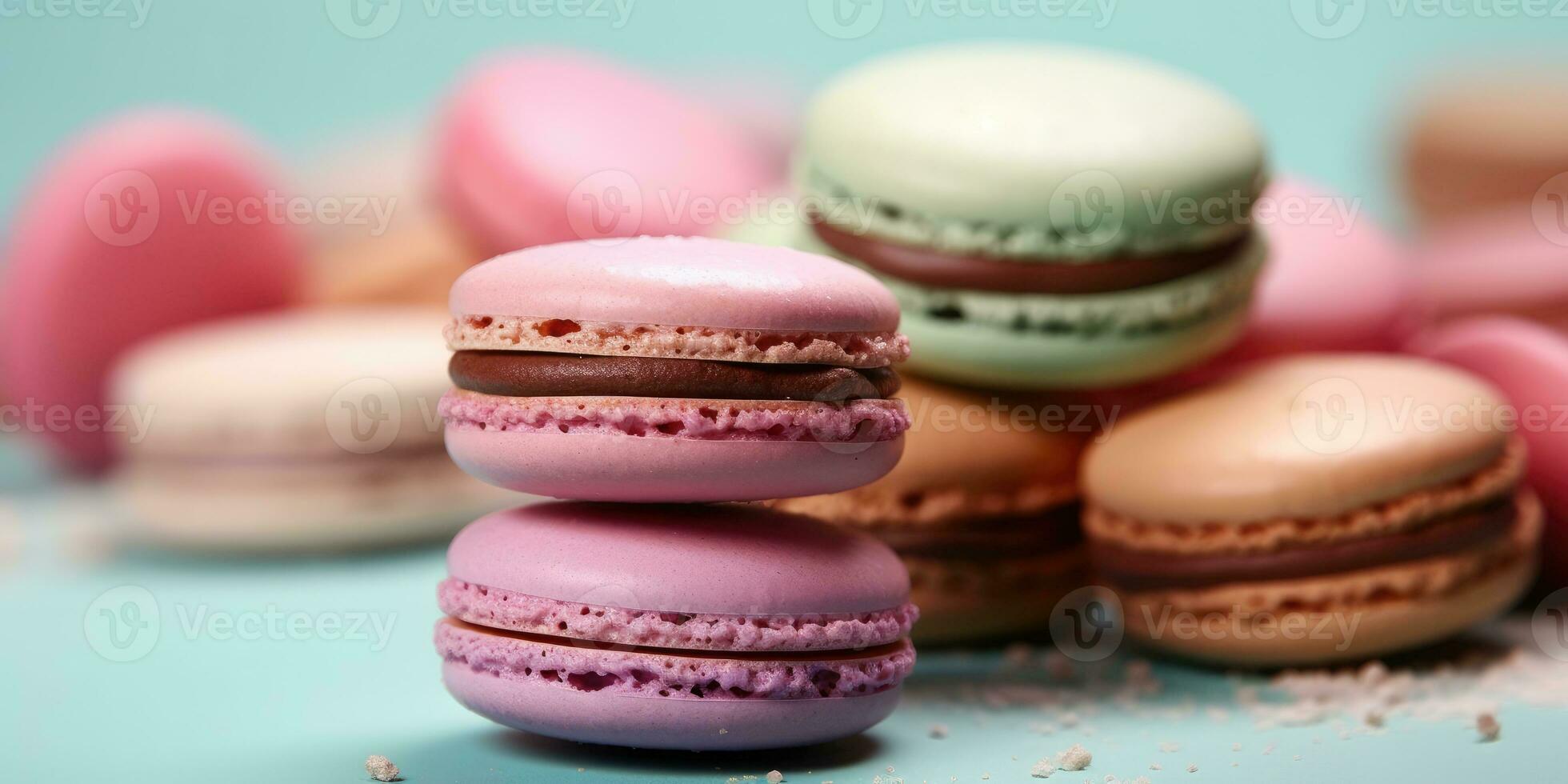 Macaron on a pastel background. Banner. Place for text. Generative AI photo