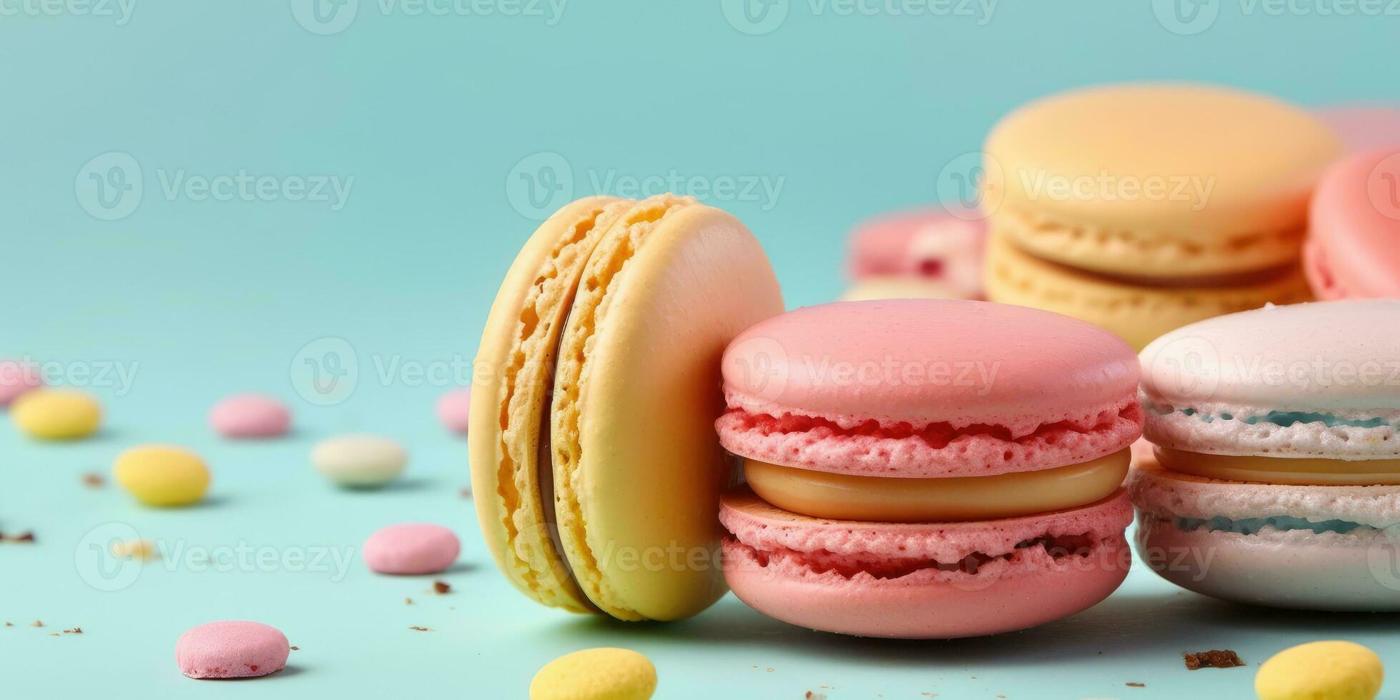 Macaron on a pastel background. Banner. Place for text. Generative AI photo