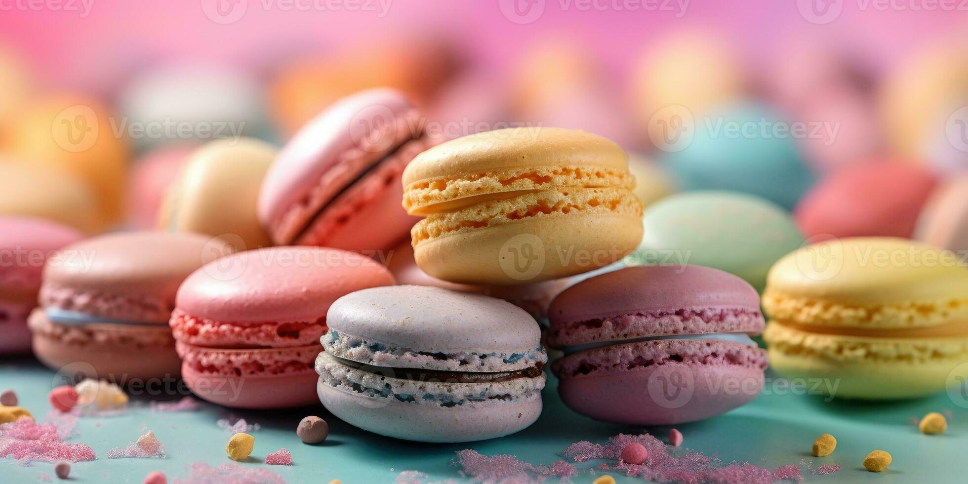 Macaron on a pastel background. Banner. Place for text. Generative AI photo