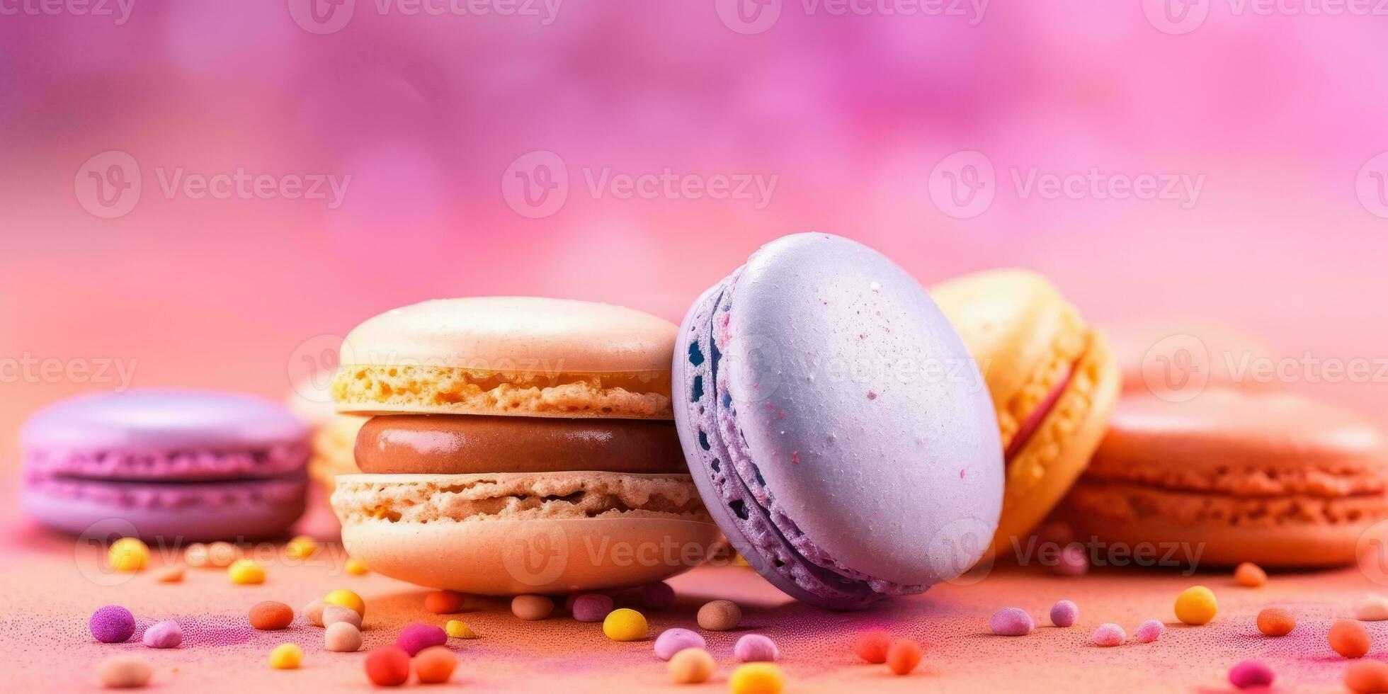 Macaron on a pastel background. Banner. Place for text. Generative AI photo