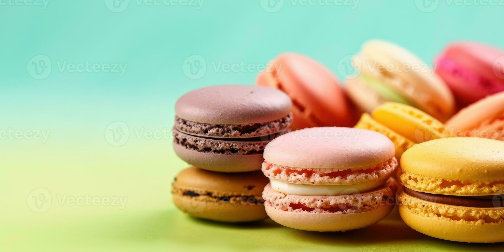 Macaron on a pastel background. Banner. Place for text. Generative AI photo