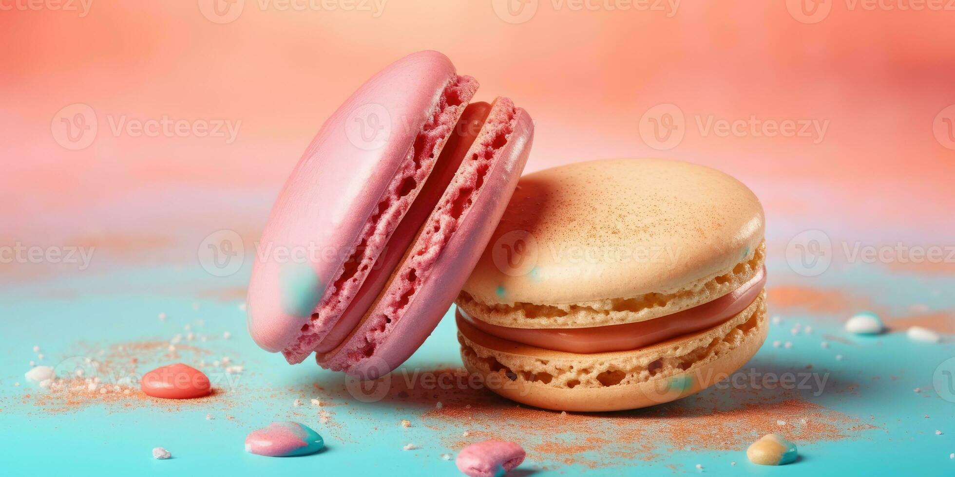 Macaron on a pastel background in a wet watercolor theme. Banner. Place for text. Generative AI photo