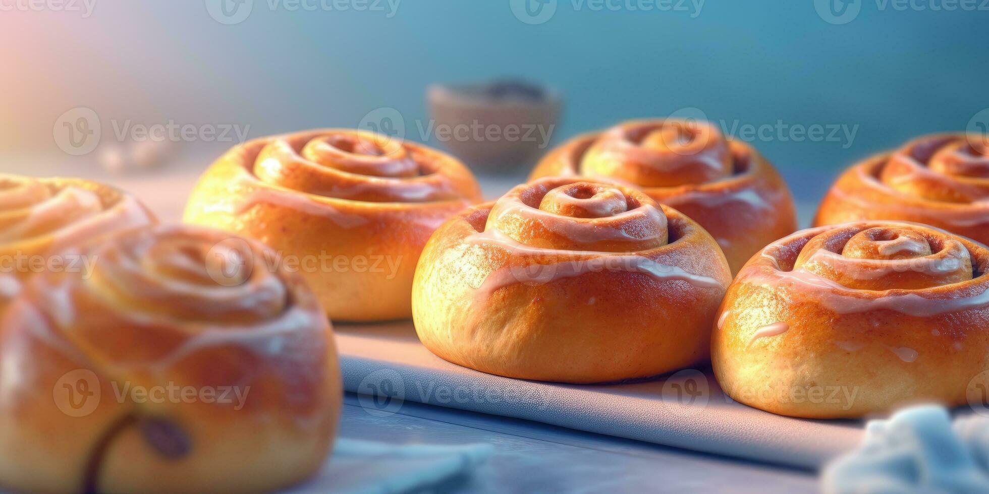 Delicious cinnabon. Appetizing buns on pastel background. Generative AI photo