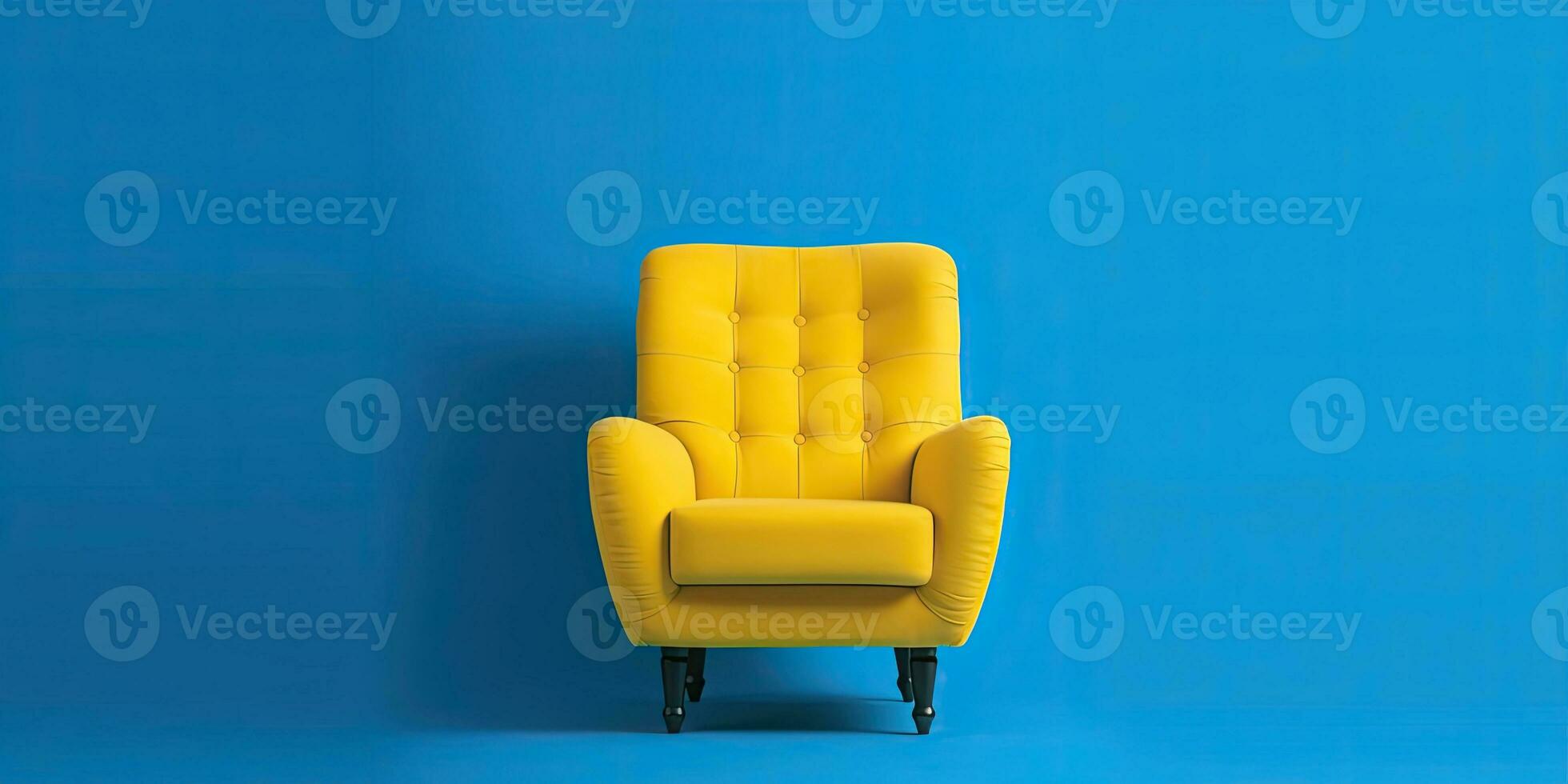 Yellow armchair on a blue background. Minimalism. Place for text. Generative AI photo