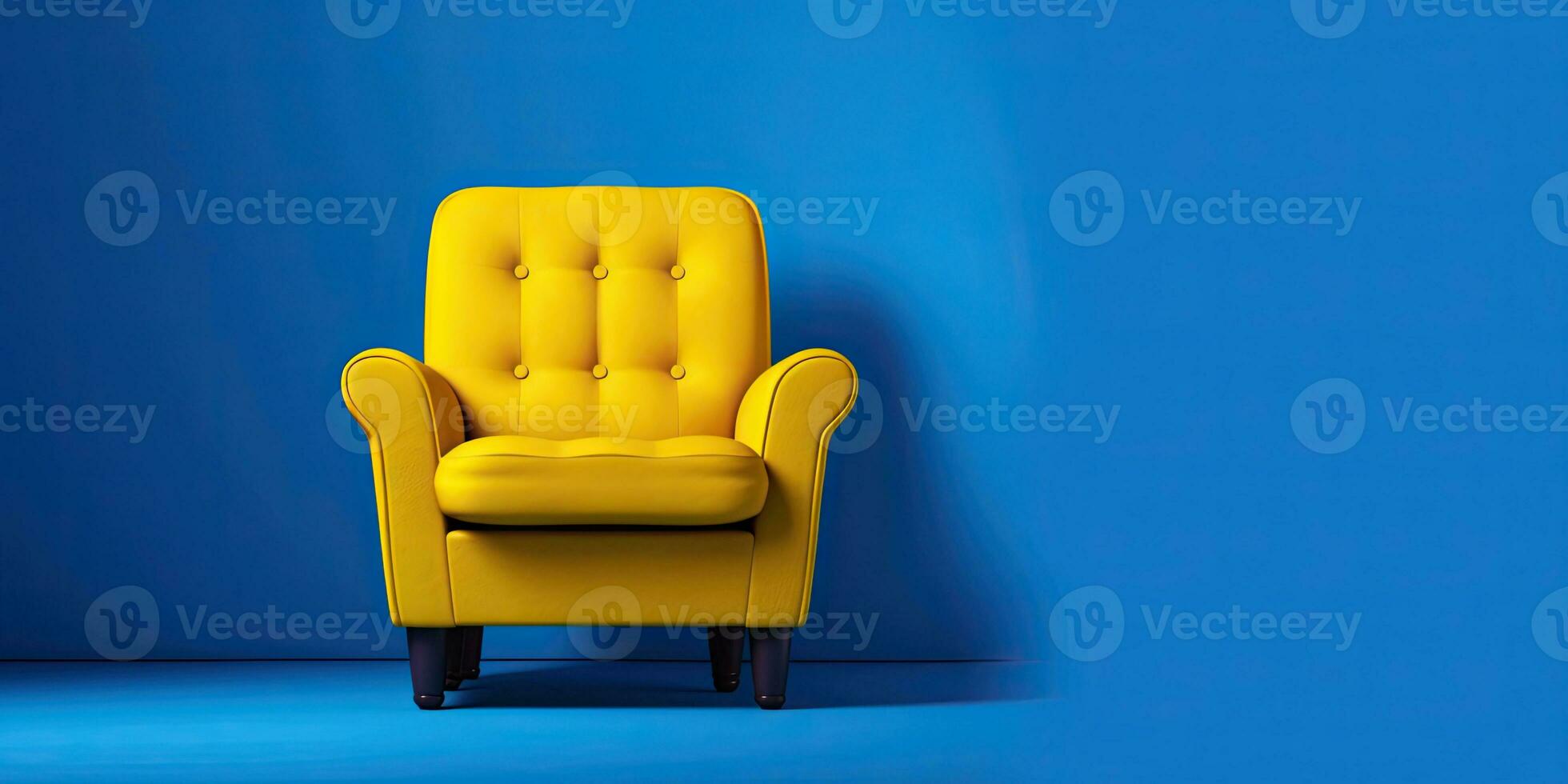 Yellow armchair on a blue background. Minimalism. Place for text. Generative AI photo