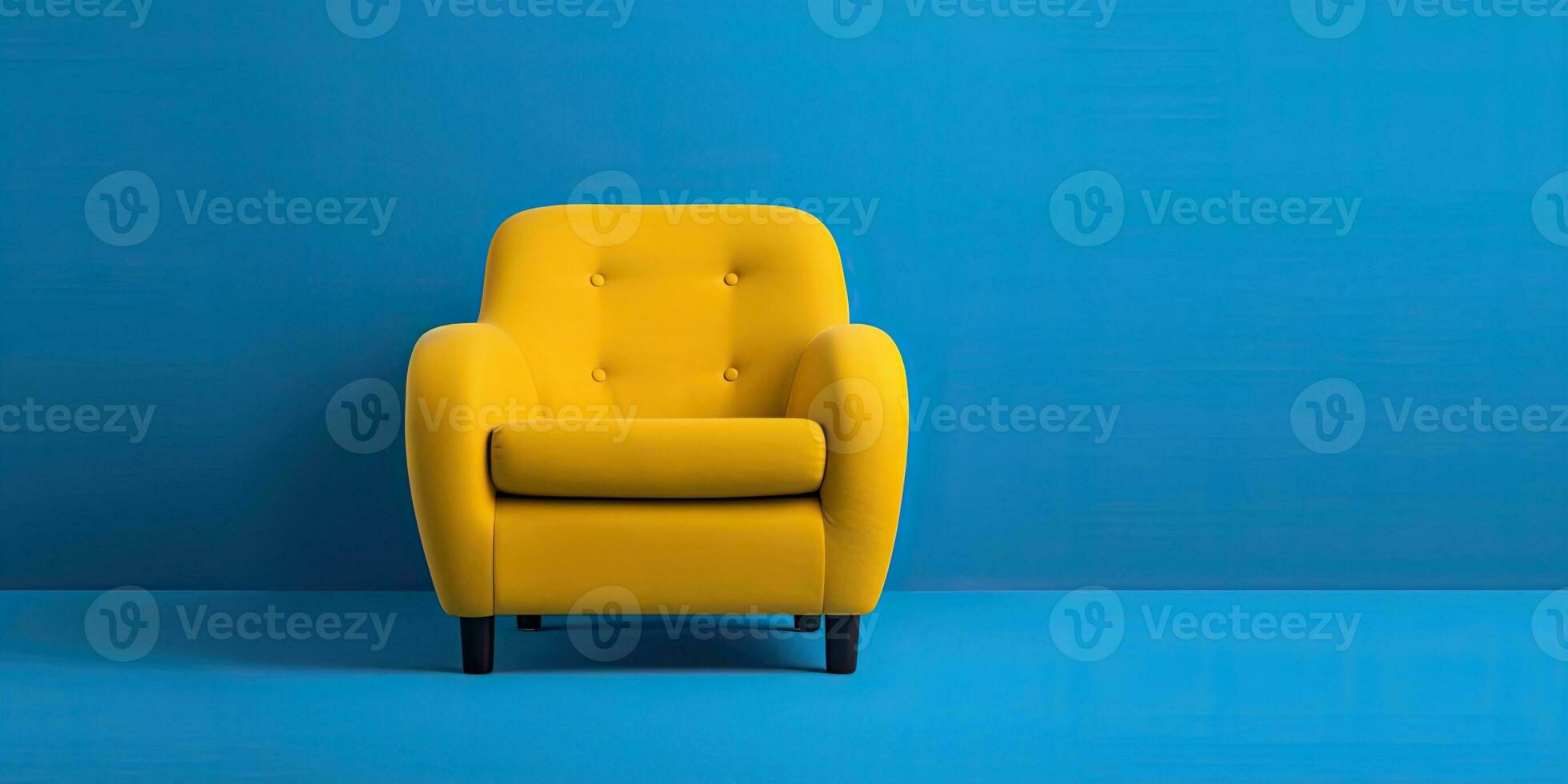 Yellow armchair on a blue background. Minimalism. Place for text. Generative AI photo