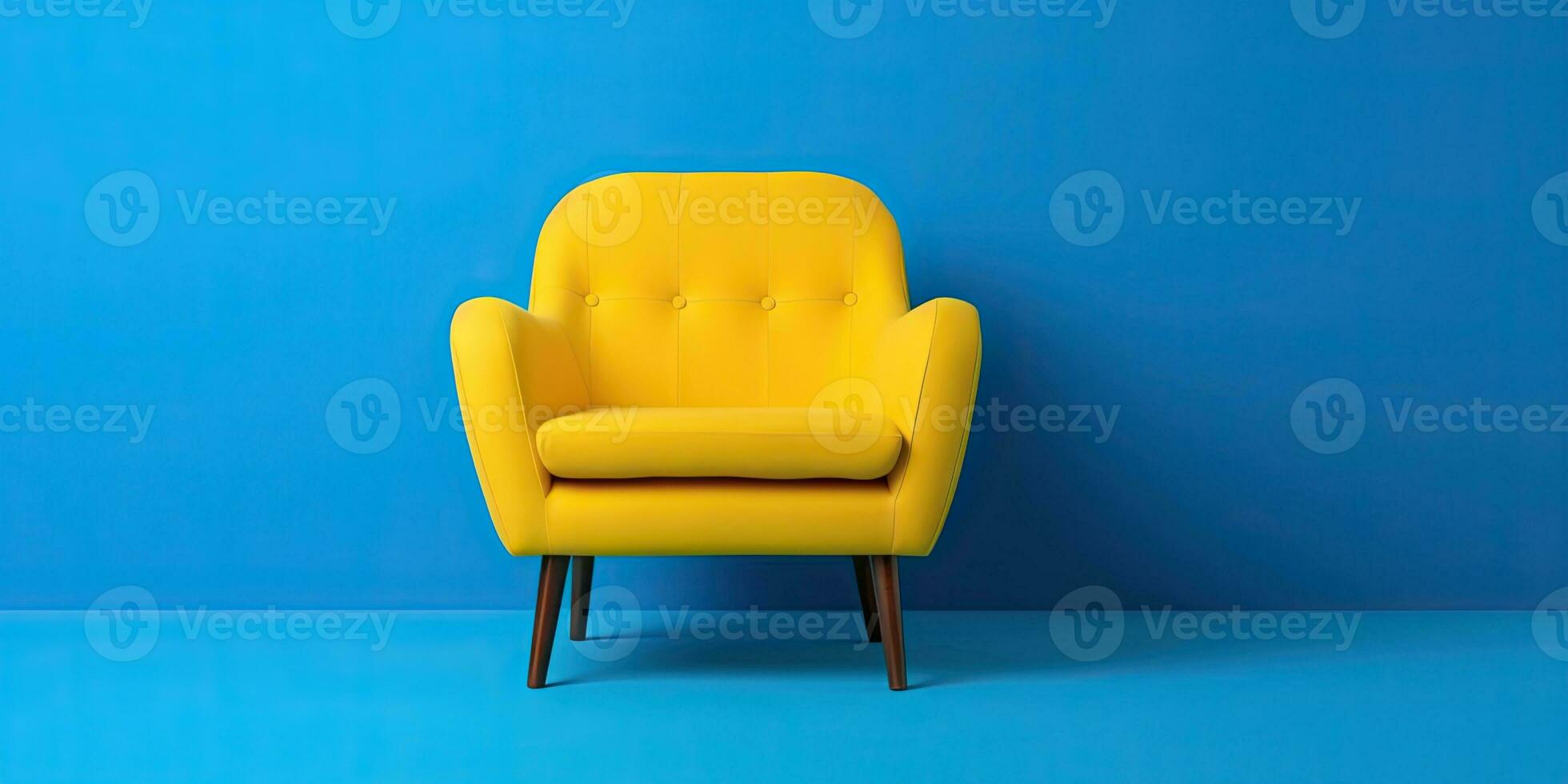 Yellow armchair on a blue background. Minimalism. Place for text. Generative AI photo