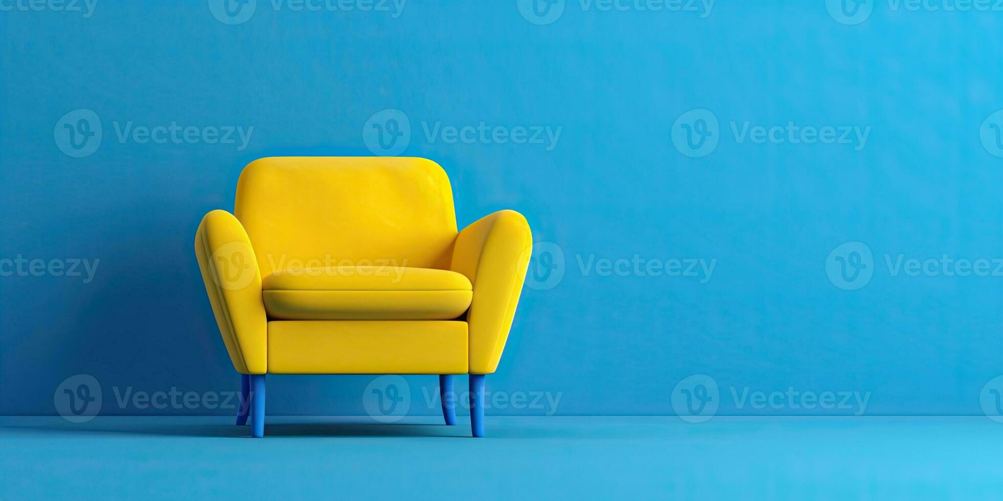 Yellow armchair on a blue background. Minimalism. Place for text. Generative AI photo