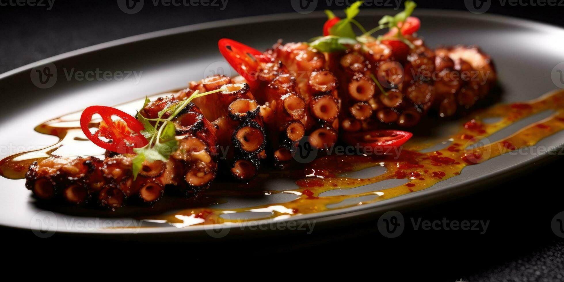 Exquisite grilled octopus tentacles. Octopus in the restaurant close-up of the dish. Generative AI photo
