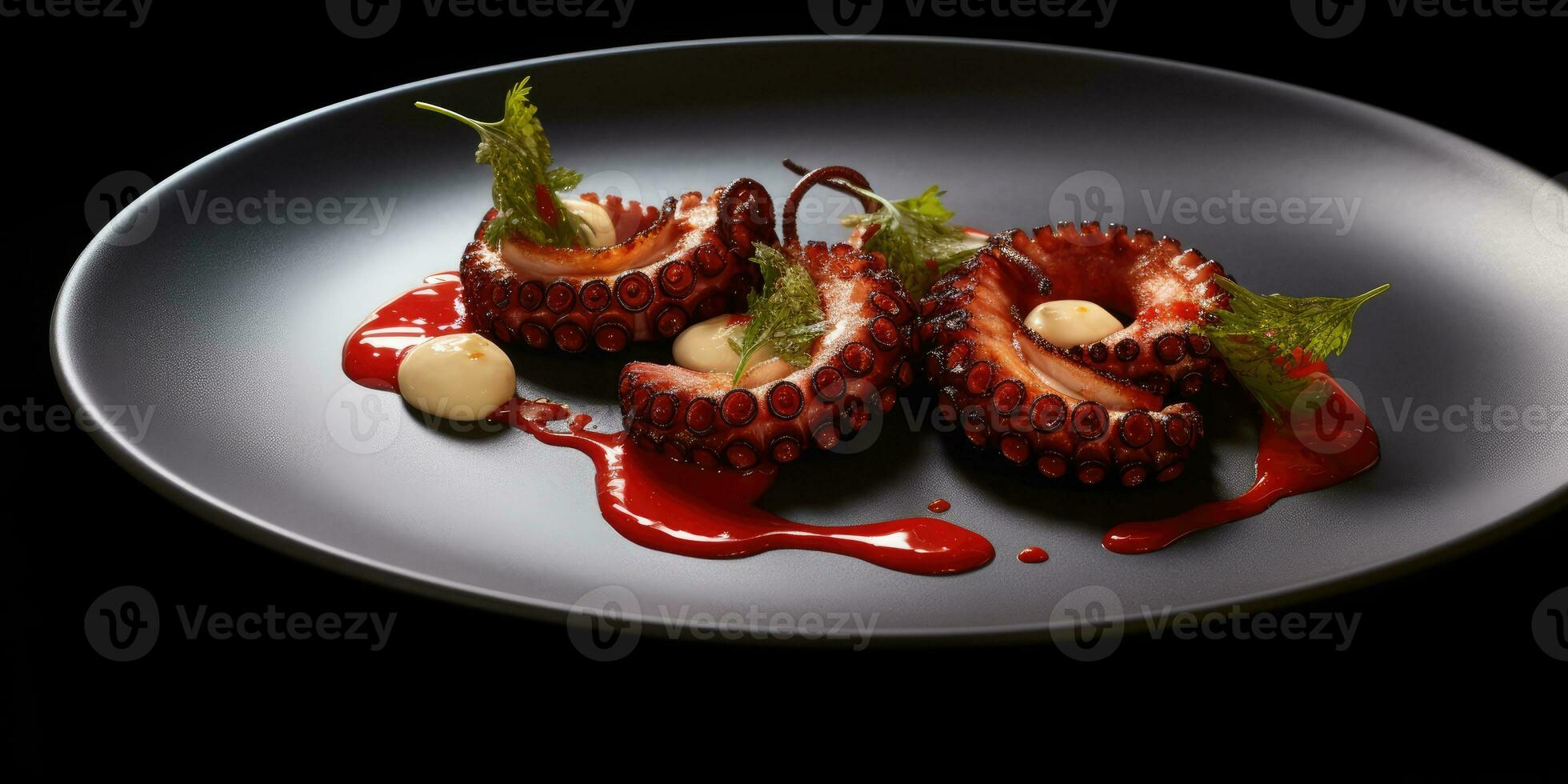 Exquisite grilled octopus tentacles. Octopus in the restaurant close-up of the dish. Generative AI photo