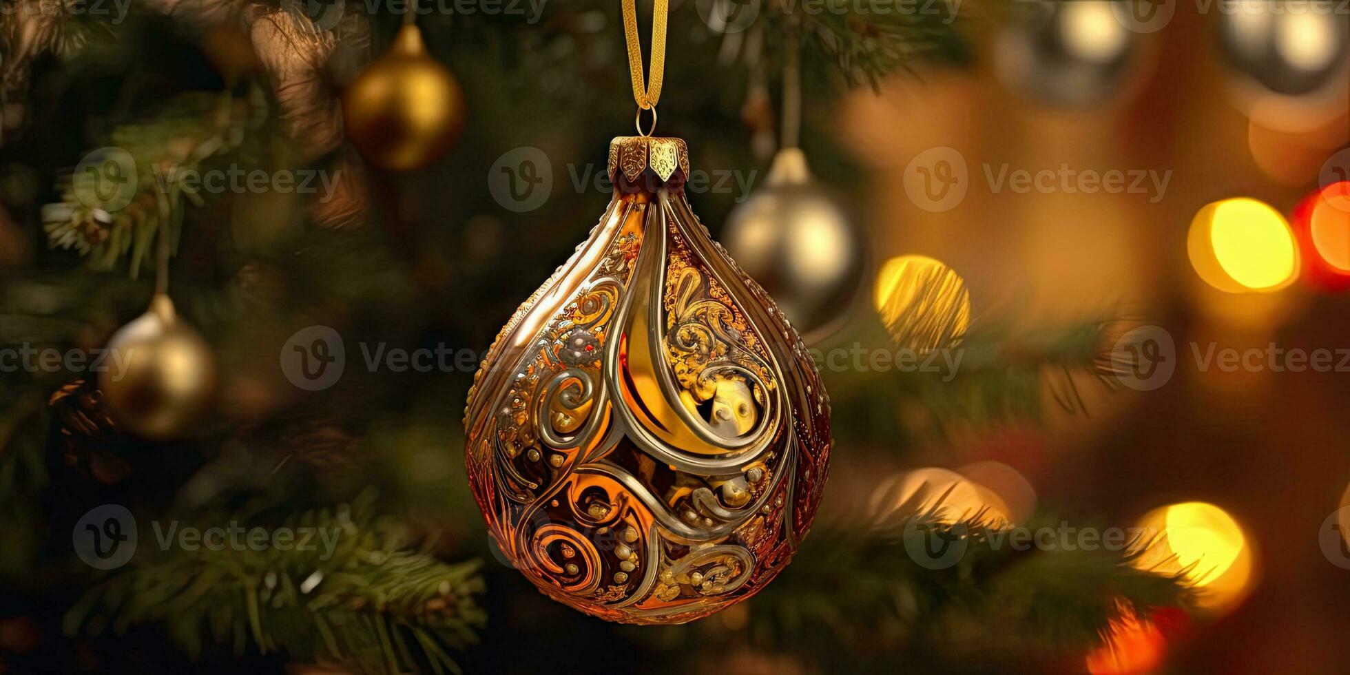 Gorgeous Christmas decorations on the Christmas tree. Christmas theme. Generative AI photo