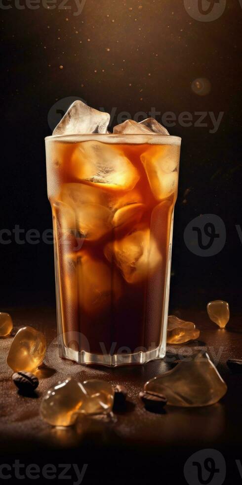 frío café con jarabe en un vaso con hielo en un oscuro antecedentes. generativo ai foto