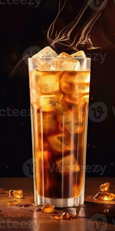 cold coffee with syrup in a glass with ice on a dark background. Generative AI photo