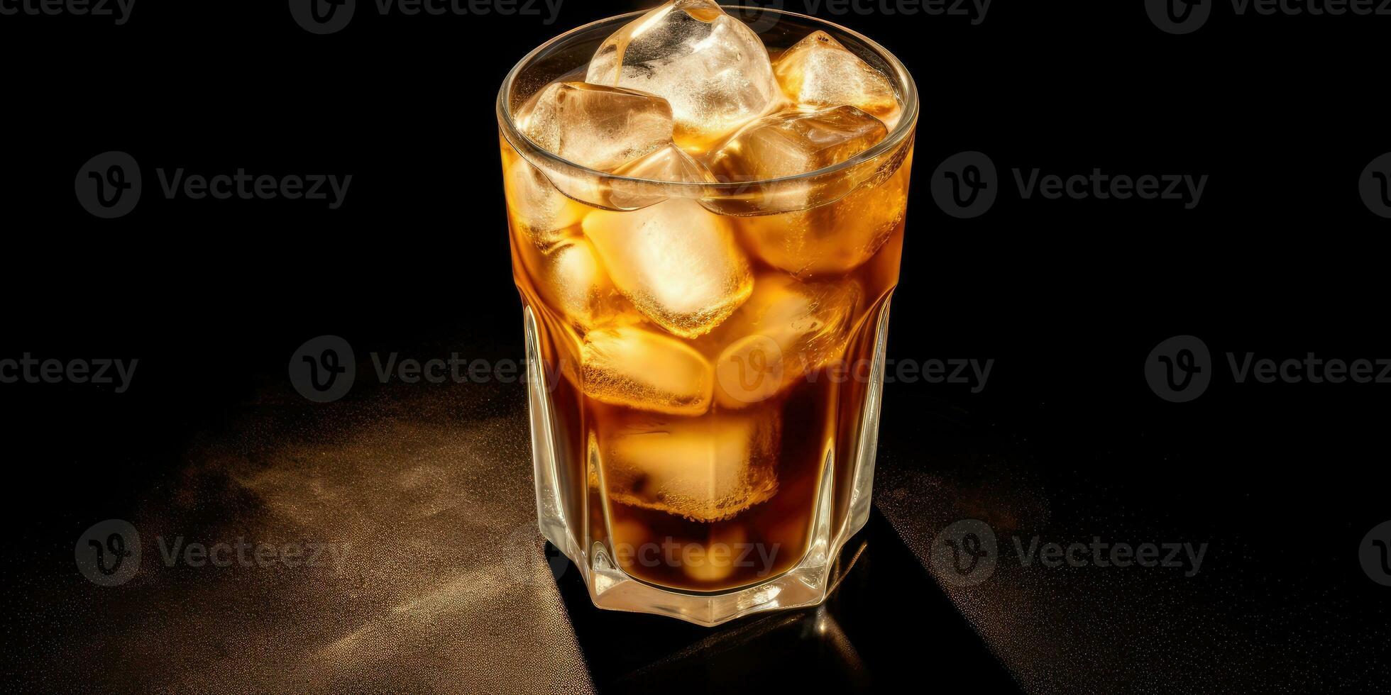 cold coffee in a glass with ice on a dark background. Generative AI photo