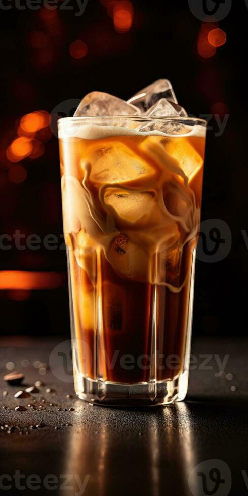 cold coffee with syrup in a glass with ice on a dark background. Generative AI photo