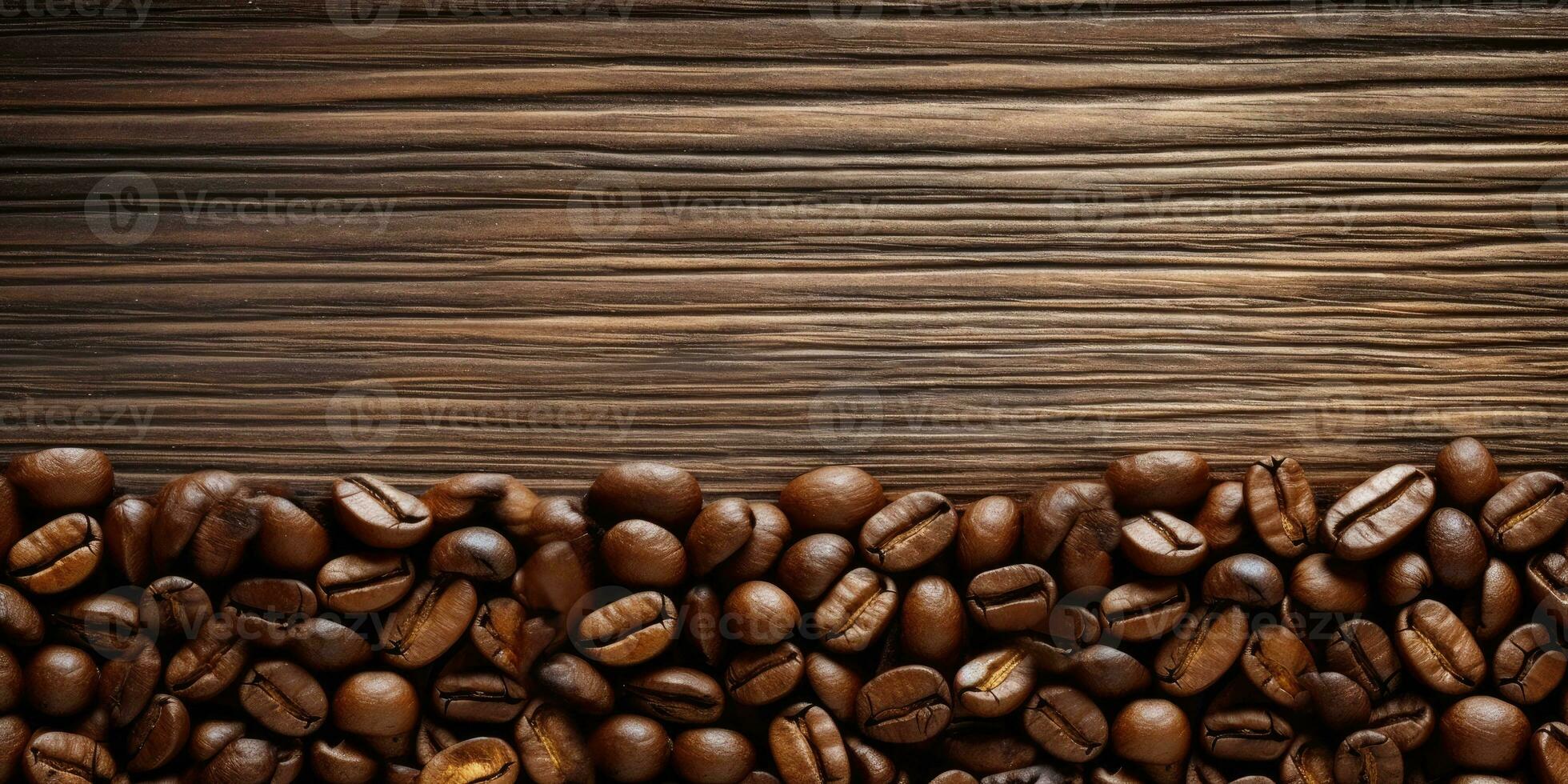 Coffee beans on the table close-up. Coffee on a wooden table. Generative AI photo