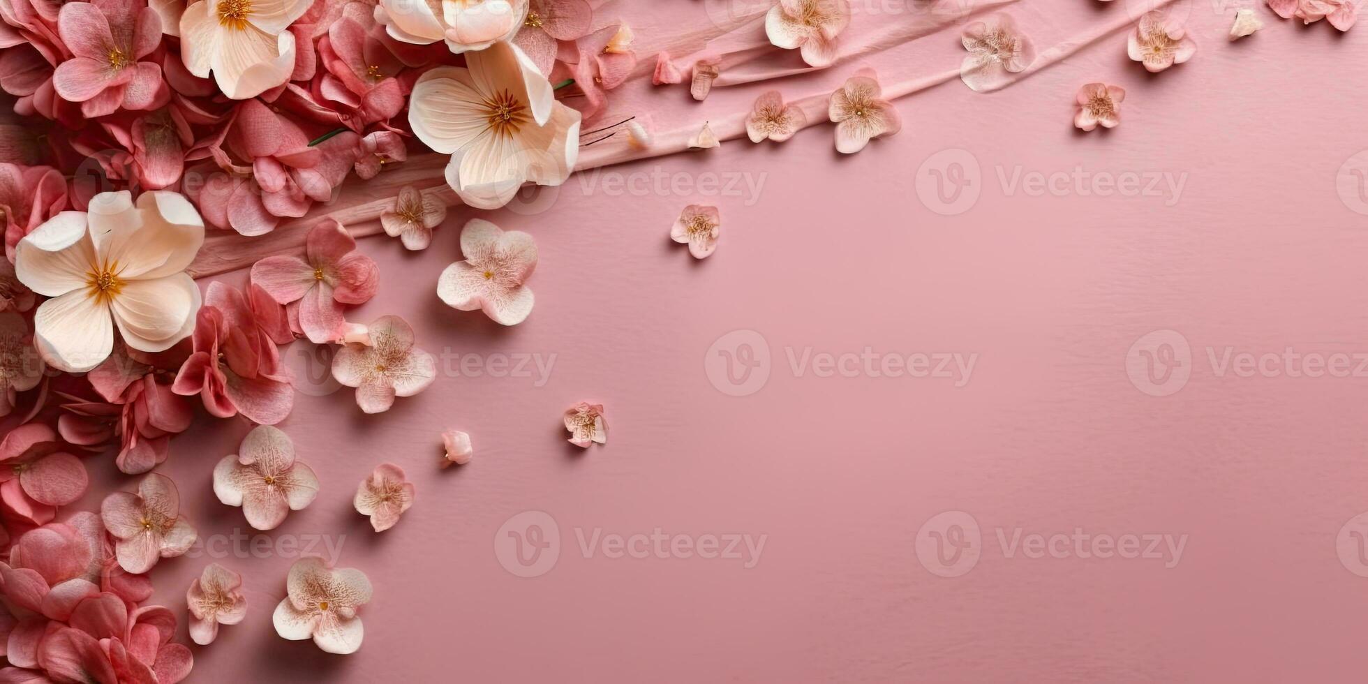 Romantic photo of flowers on a pink background with space for text. Generative AI