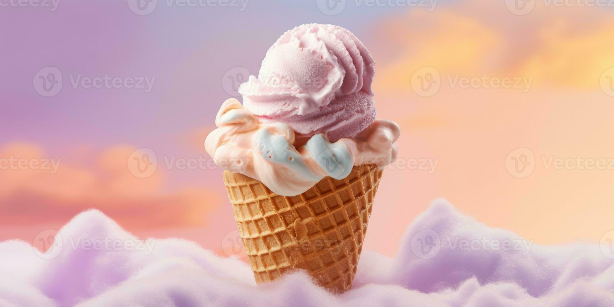 Delicious, appetizing ice cream in a cone, close-up. Generative AI photo