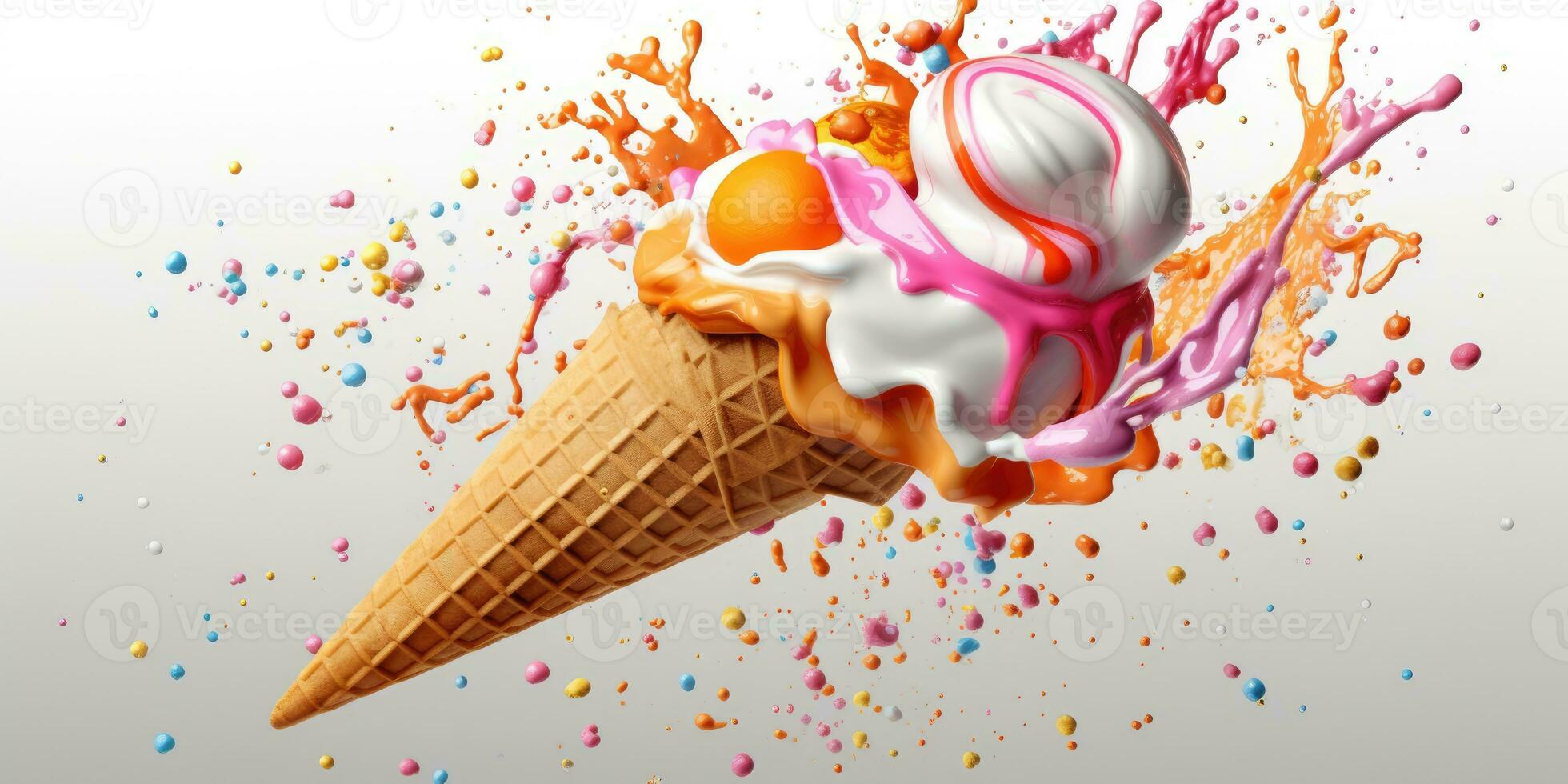 Delicious, appetizing ice cream in a cone, close-up. Generative AI photo