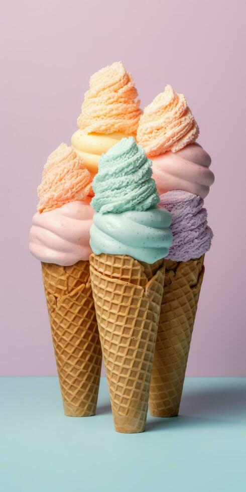 Delicious, appetizing ice cream in a cone, close-up. Generative AI photo