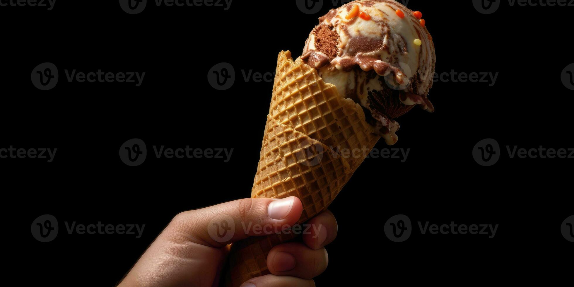 Delicious, appetizing ice cream in a cone, close-up. Generative AI photo