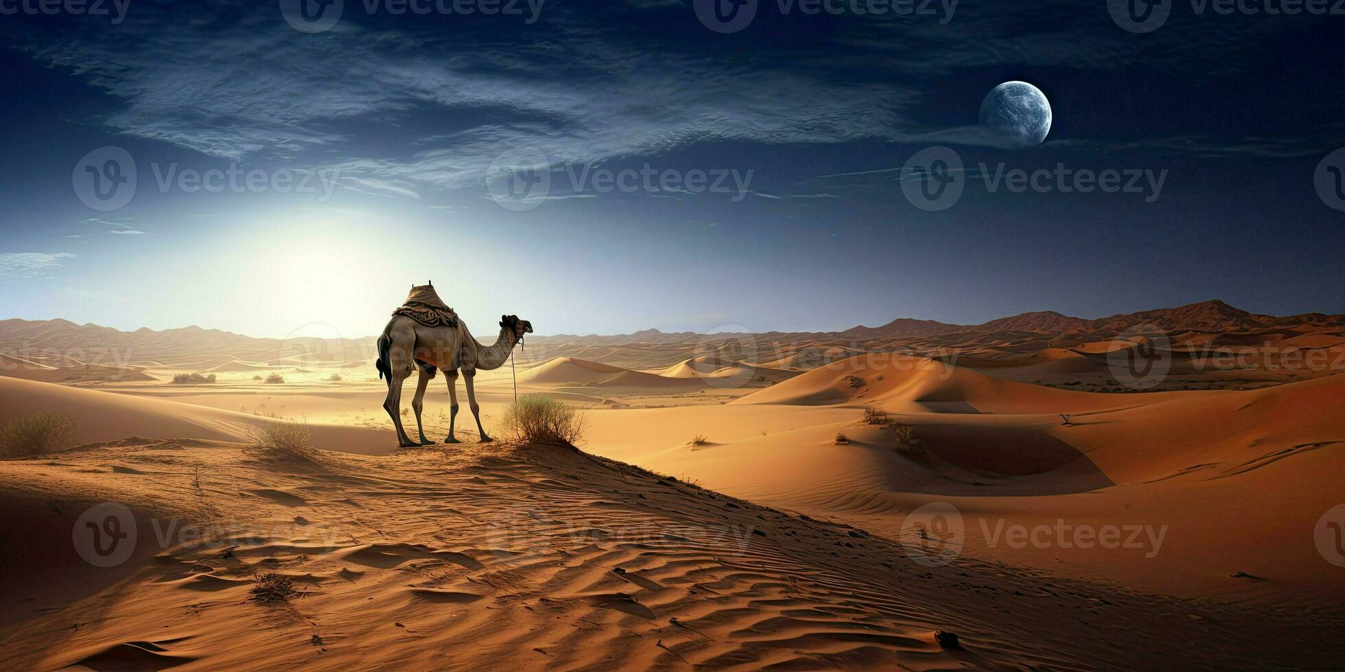 The theme of Eid-al-Adha, the Feast of Sacrifice. Place for text. Camel in the desert. Generative AI photo