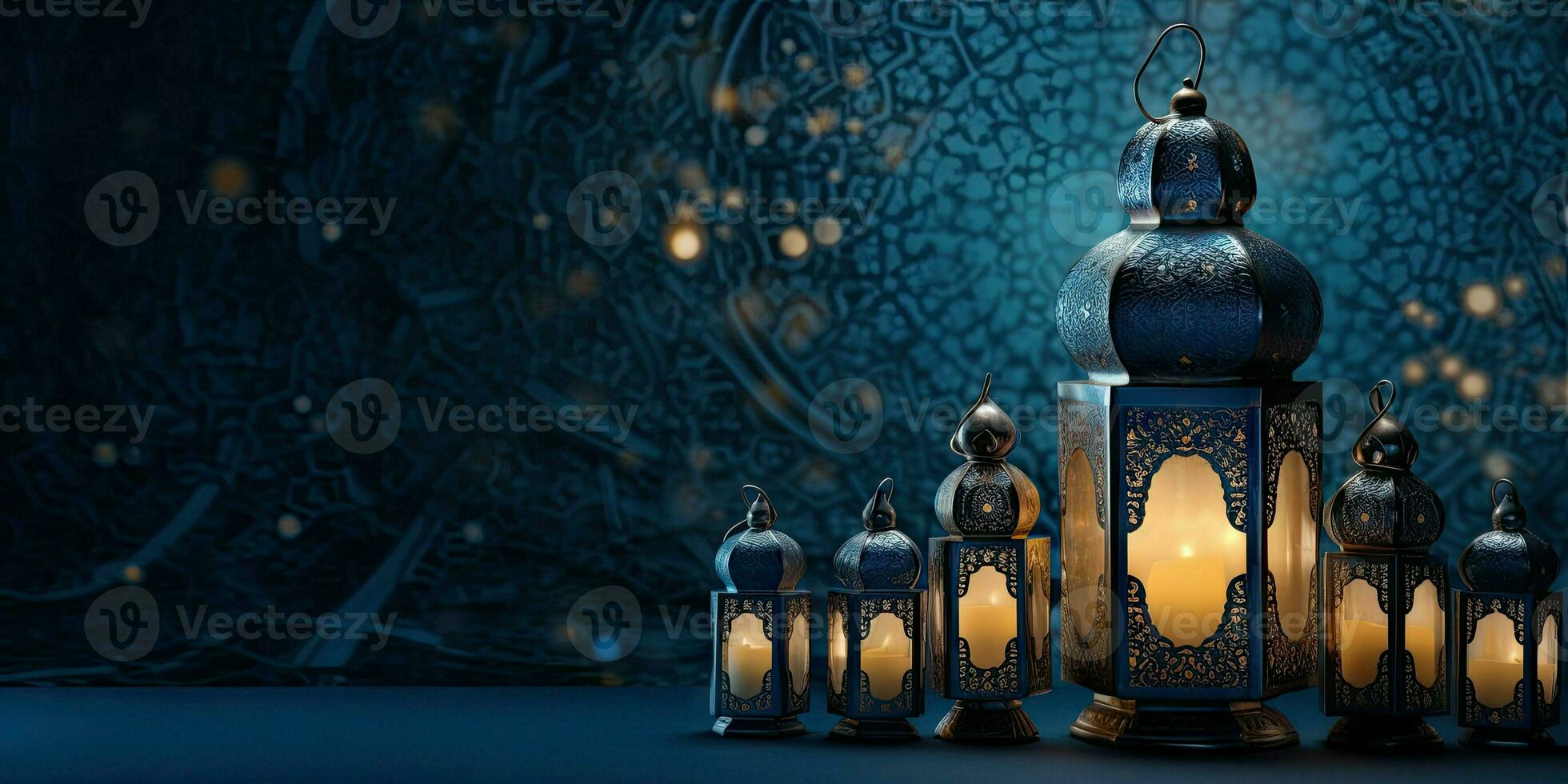 The theme of Eid-al-Adha, the Feast of Sacrifice. Image of an Arabic lantern. Place for text. Generative AI photo