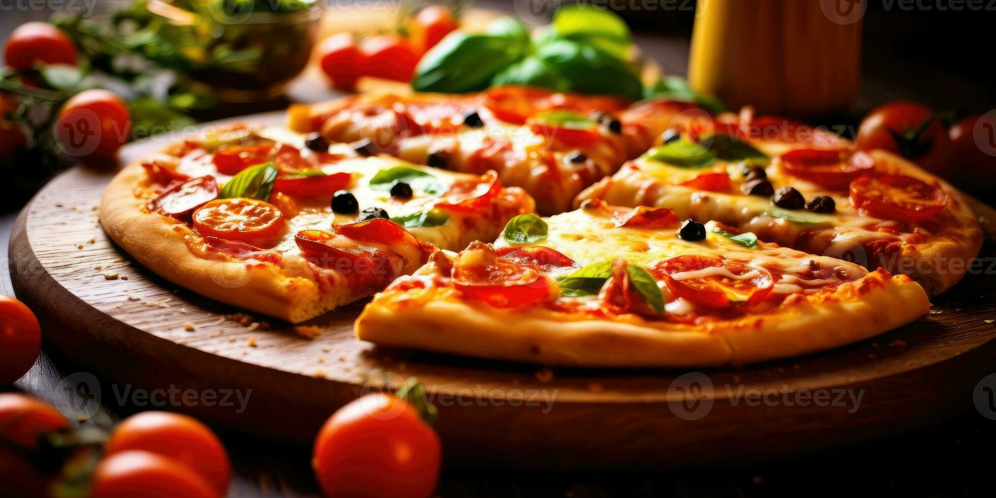 sabroso italiano Pizza de cerca. generativo ai foto