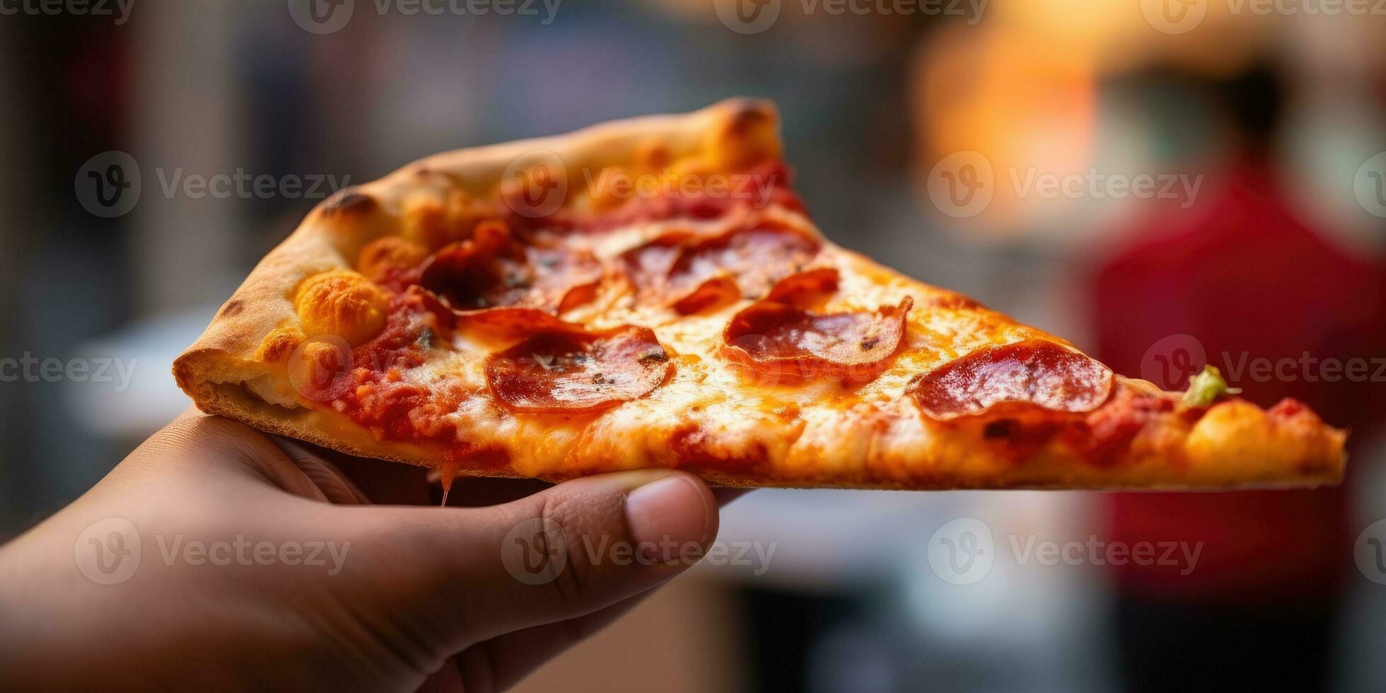 a piece of pizza close-up in the hand on the background of the city. Generative AI photo