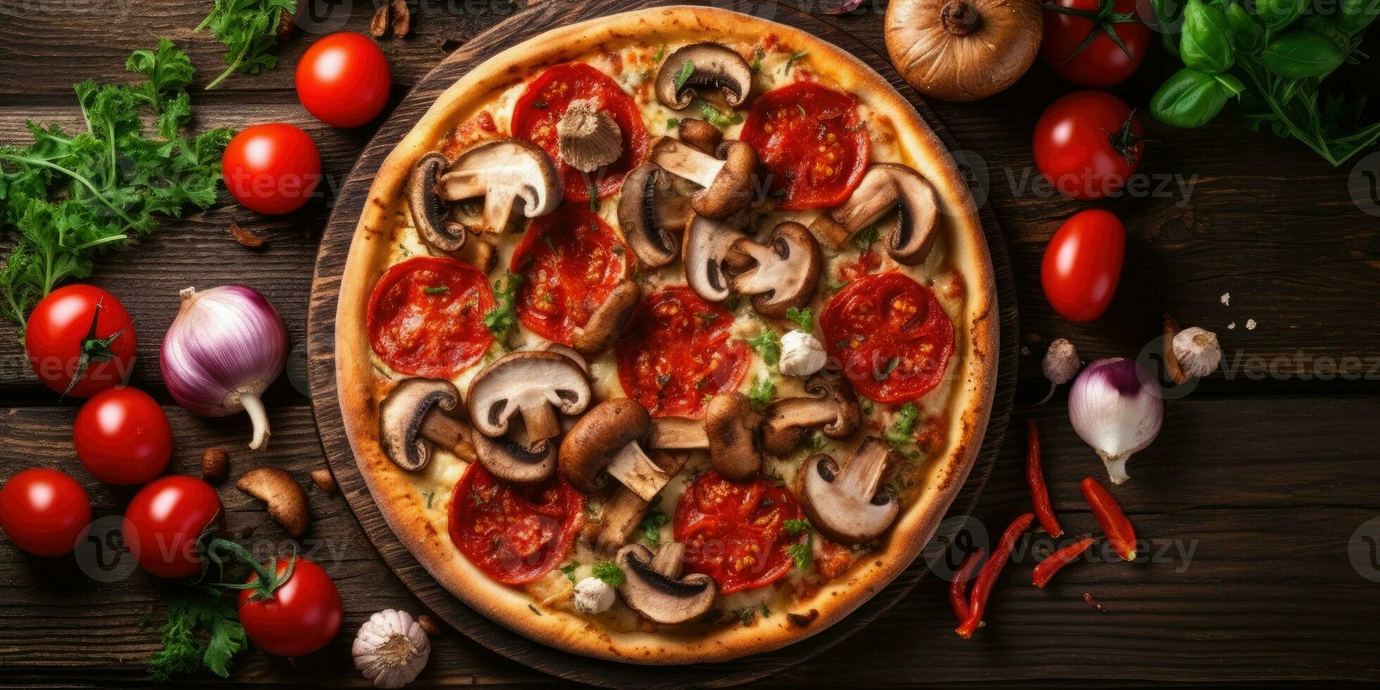 sabroso italiano Pizza de cerca. ver desde arriba. generativo ai foto