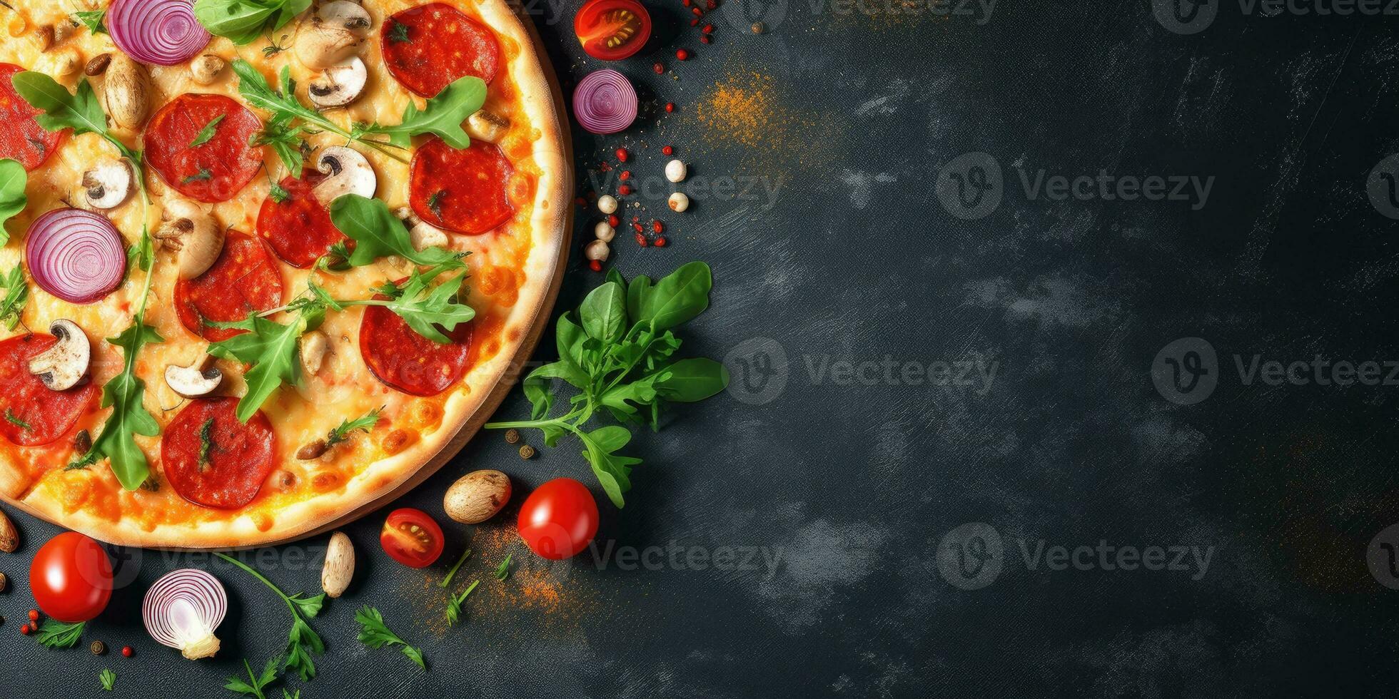 Tasty Italian pizza close-up. View from above. Place for text. Generative AI photo