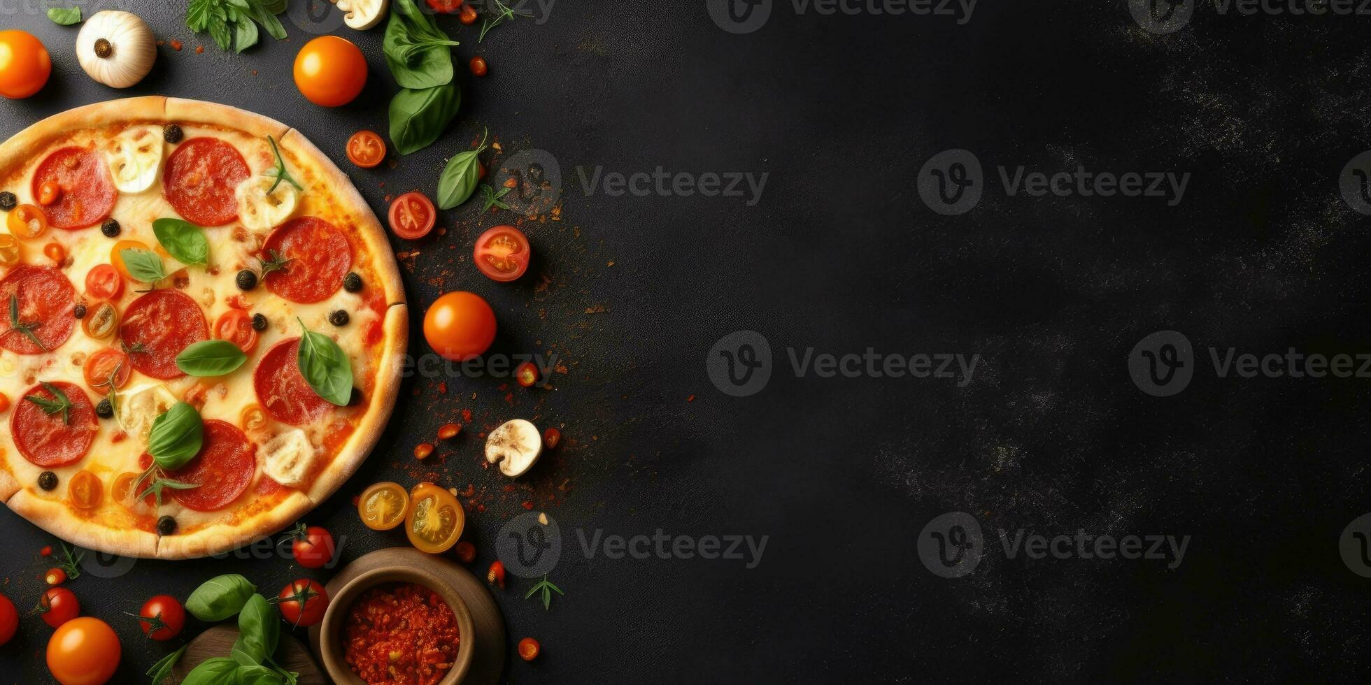 Tasty Italian pizza close-up. View from above. Place for text. Generative AI photo