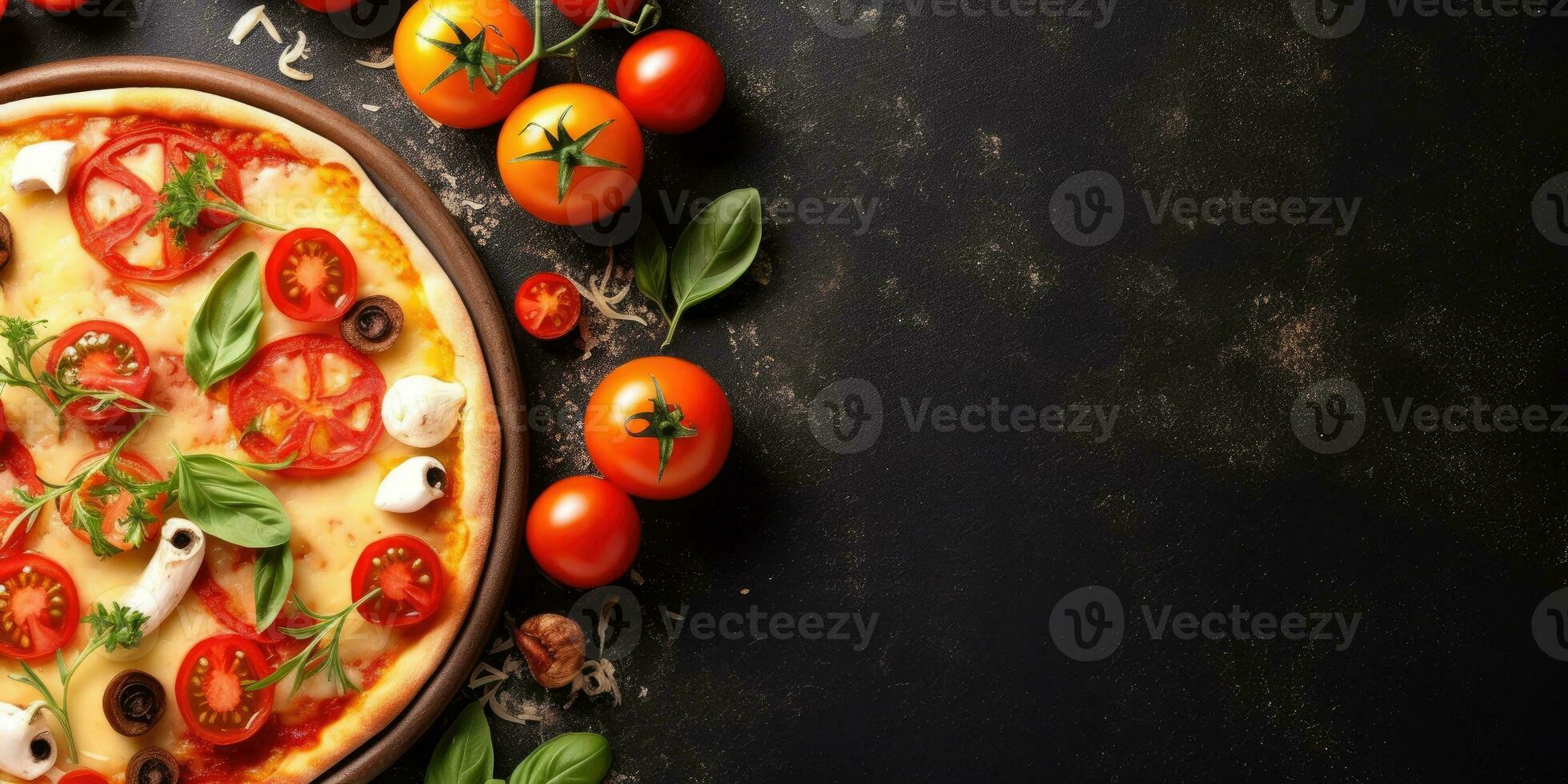 Tasty Italian pizza close-up. View from above. Place for text. Generative AI photo