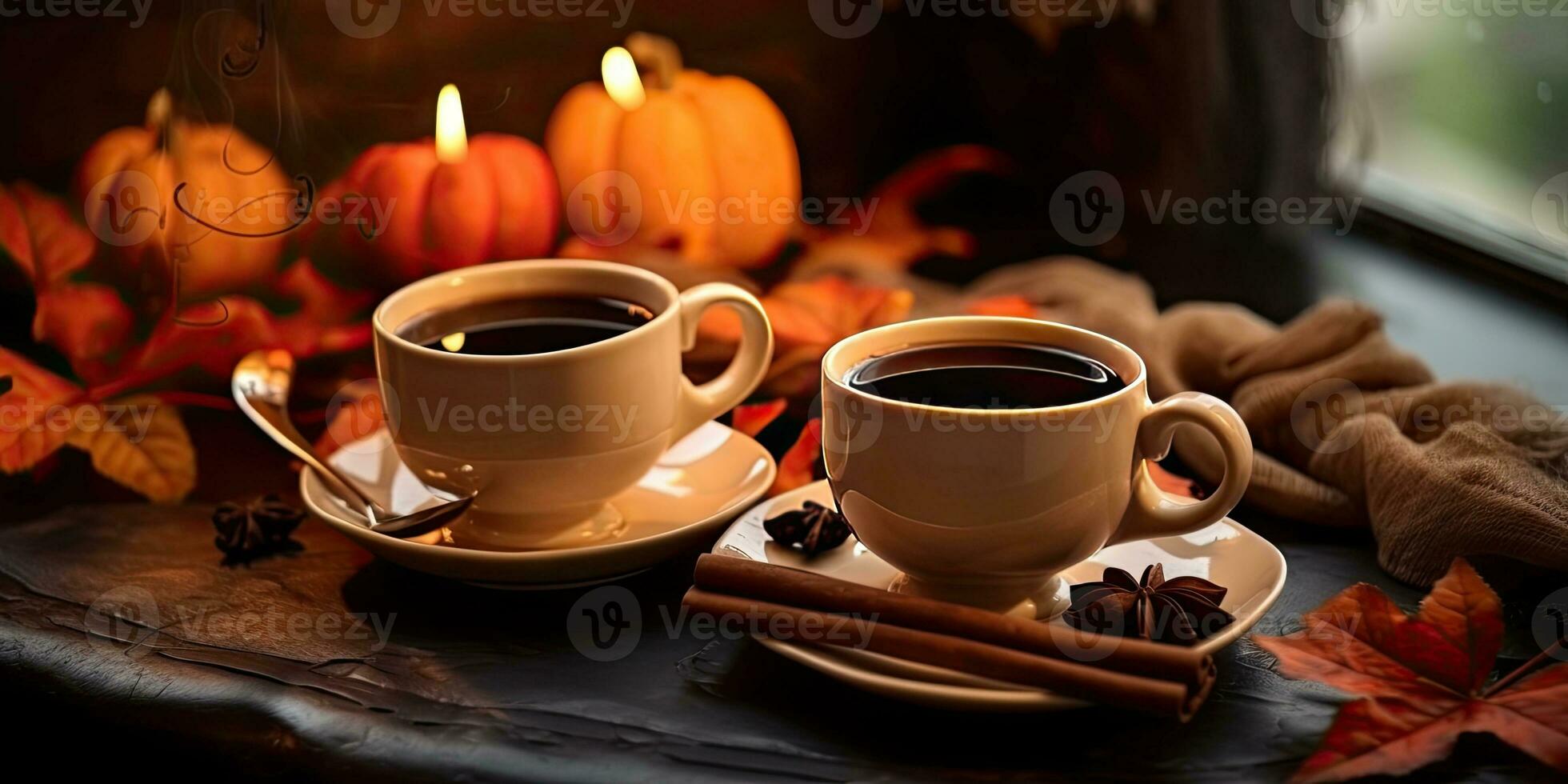 Photo of fragrant coffee on a table with pumpkins and decorations for the holiday of Halloween. Generative AI