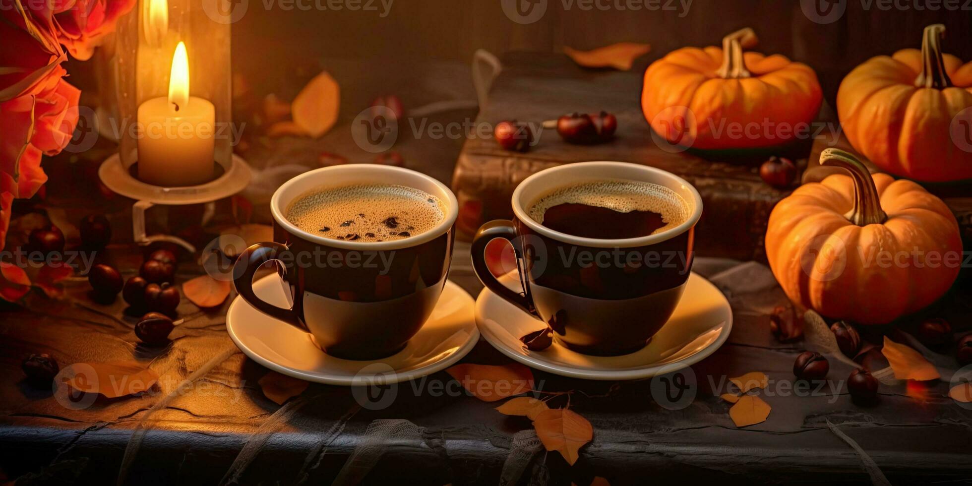 Photo of fragrant coffee on a table with pumpkins and decorations for the holiday of Halloween. Generative AI