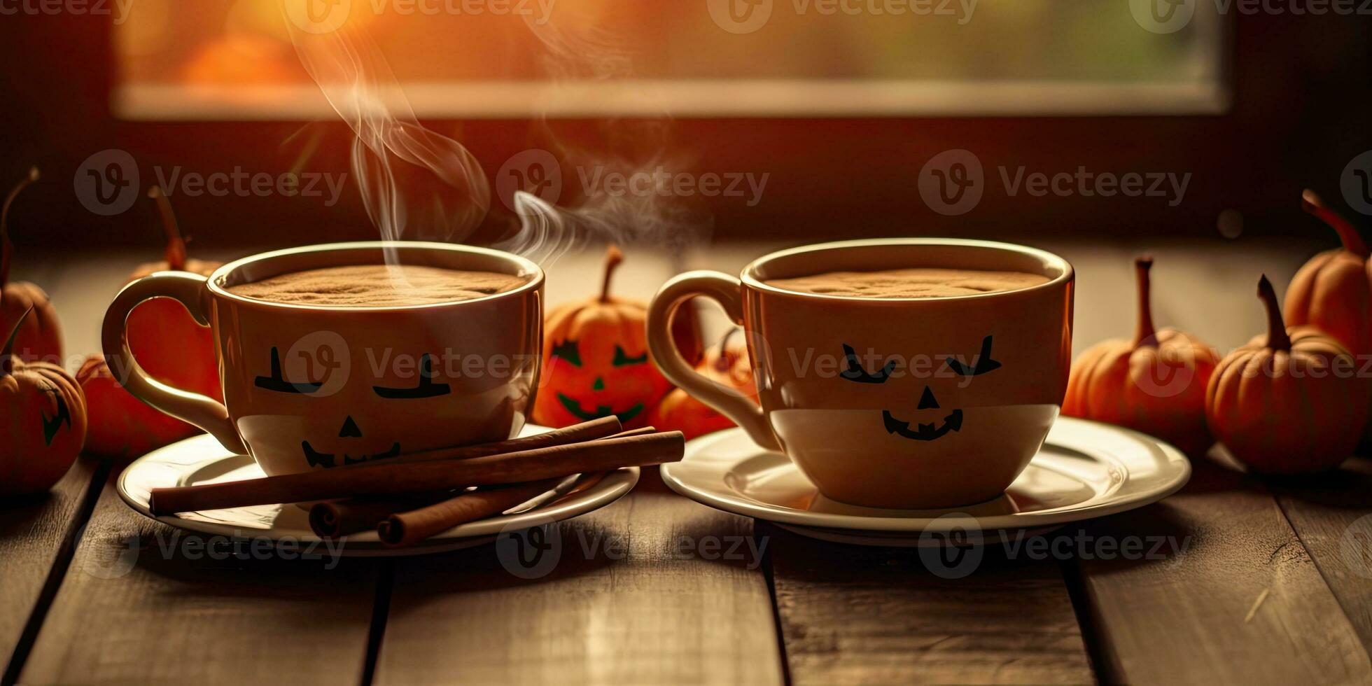 Photo of fragrant coffee on a table with pumpkins and decorations for the holiday of Halloween. Generative AI