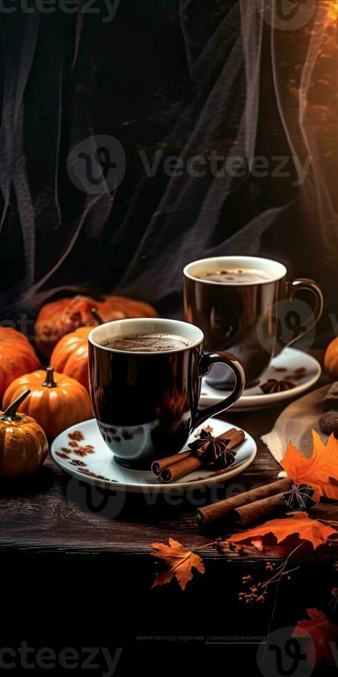 Photo of fragrant coffee on a table with pumpkins and decorations for the holiday of Halloween. Generative AI