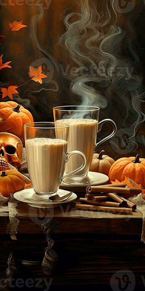 Photo of fragrant coffee on a table with pumpkins and decorations for the holiday of Halloween. Generative AI