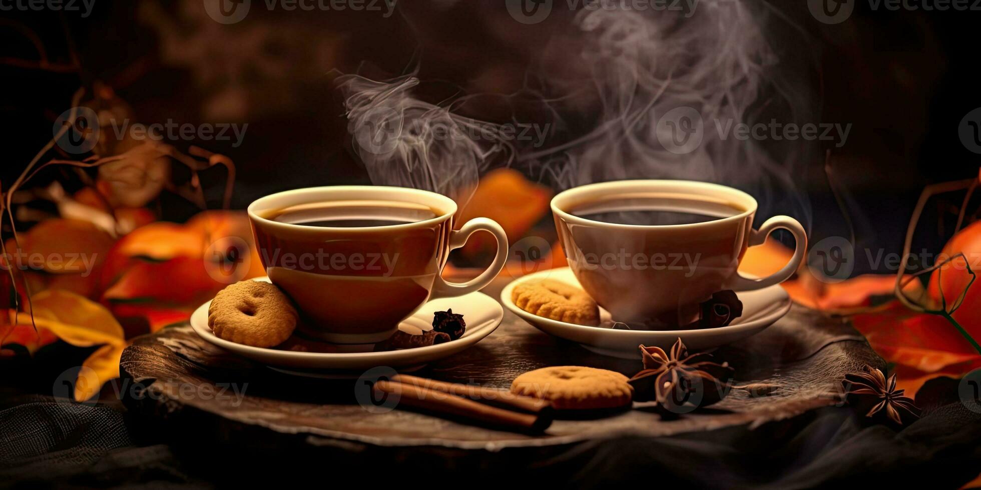 Photo of fragrant coffee on a table with pumpkins and decorations for the holiday of Halloween. Generative AI