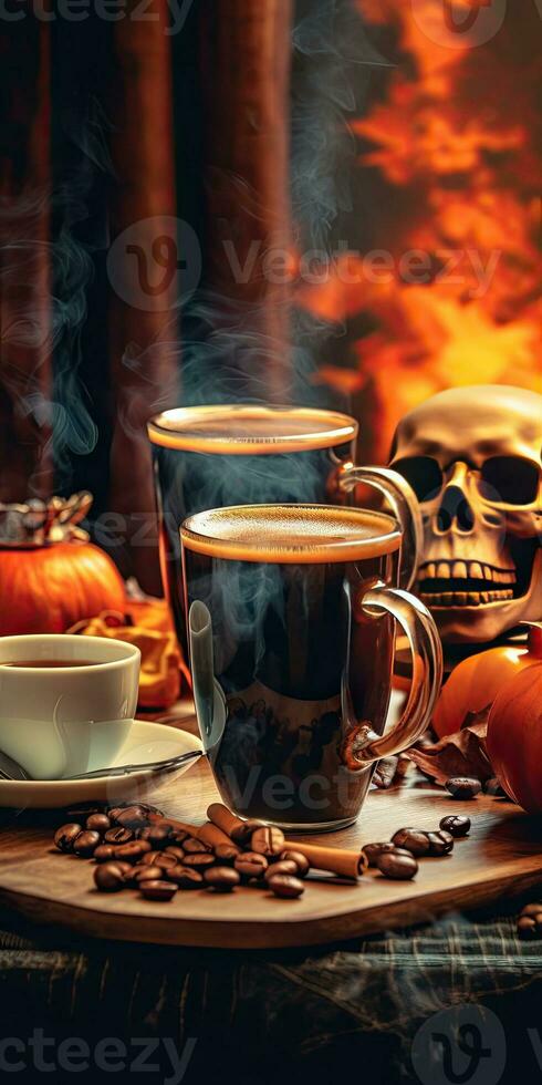 Photo of fragrant coffee on a table with pumpkins and decorations for the holiday of Halloween. Generative AI