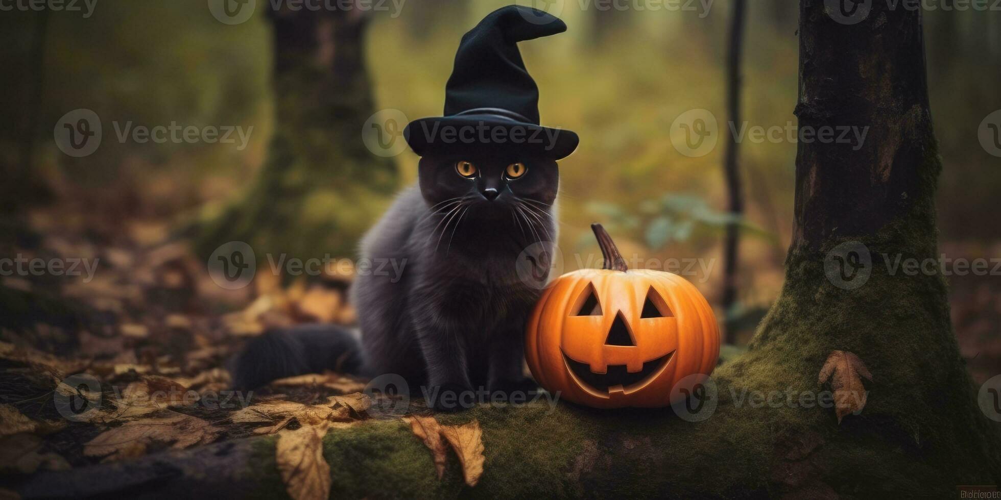 Kitten in a witch's hat in the autumn forest. Place for text. Generative AI photo