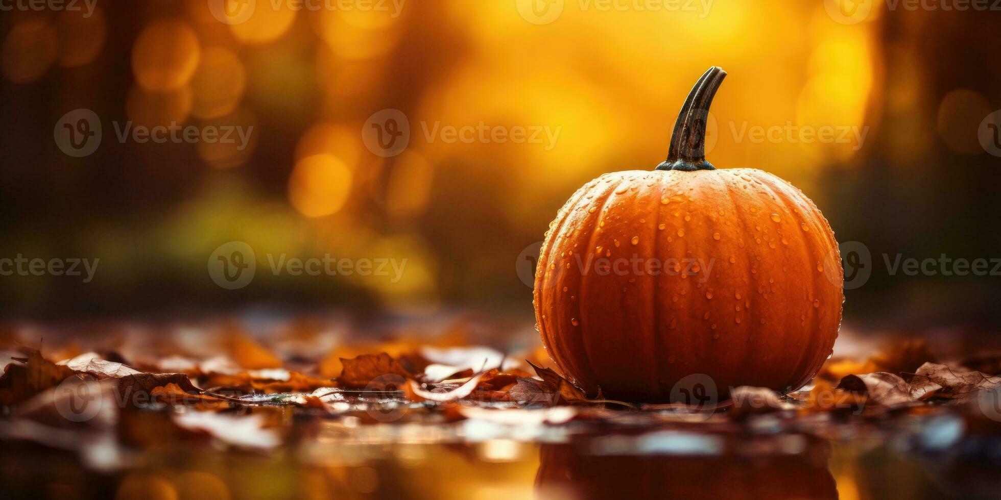 Pumpkin on a horizontal image with space for text. Photo on the theme of Halloween. Generative AI