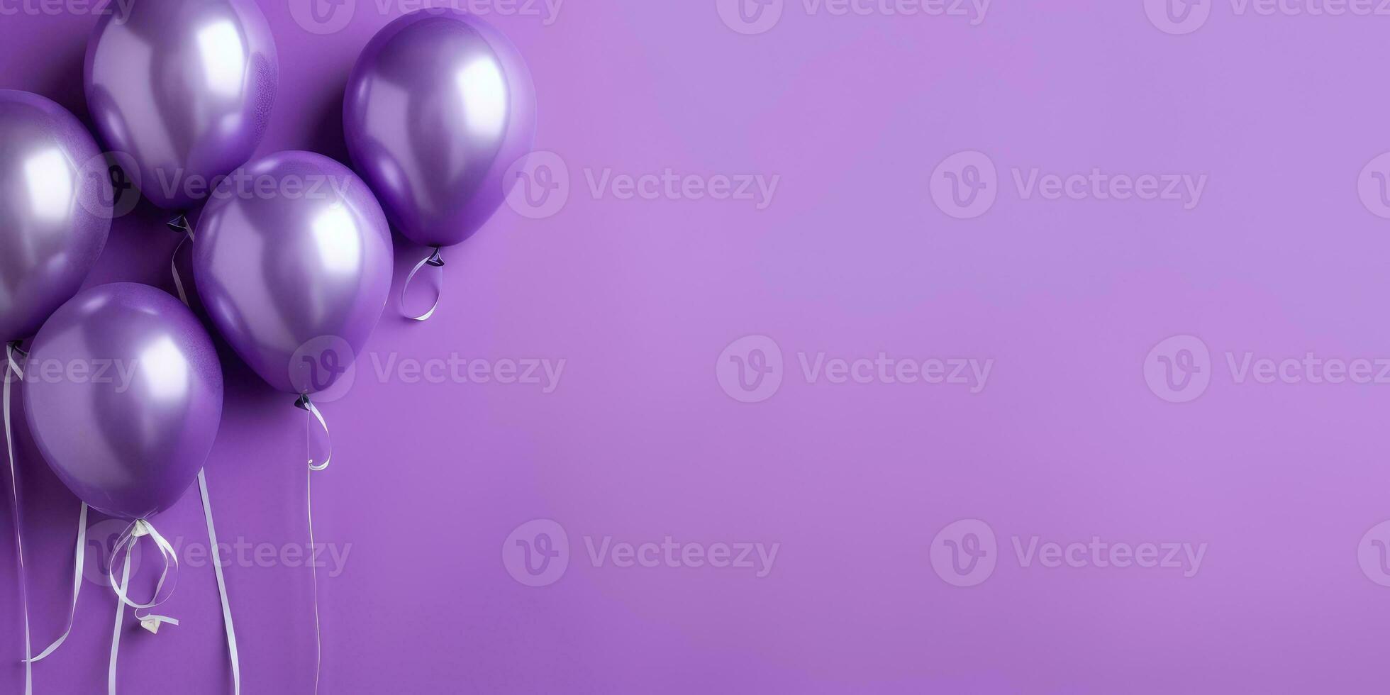 Purple balloons on a purple background, with space for text. Purple banner. Generative AI photo