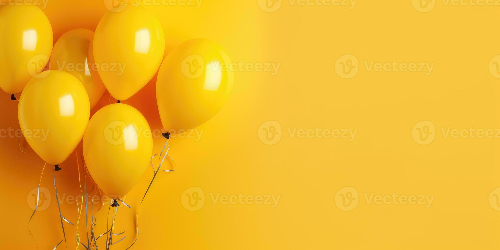 Bright yellow balloons on a yellow background, with a place for text. The banner is yellow. Generative AI photo